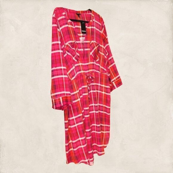 TORRID Plus Size  Zip Front Plaid Pink Stretch Challis Shirt Dress - Picture 9 of 16